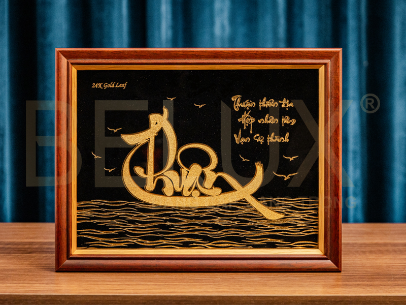Tranh chữ Thọ thư pháp dát vàng 24k - 32x25cm